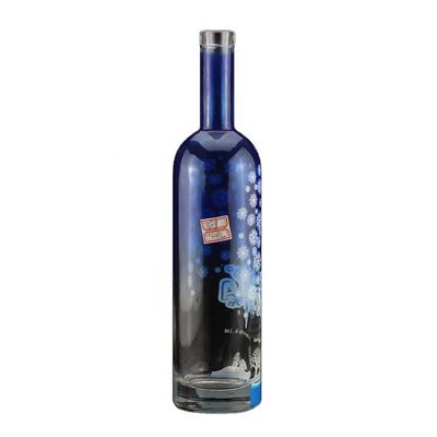 Fabrication à la sérigraphie de luxe Bouteille de vodka bleue de forme ronde pour l'industrie de l'alcool et du gin